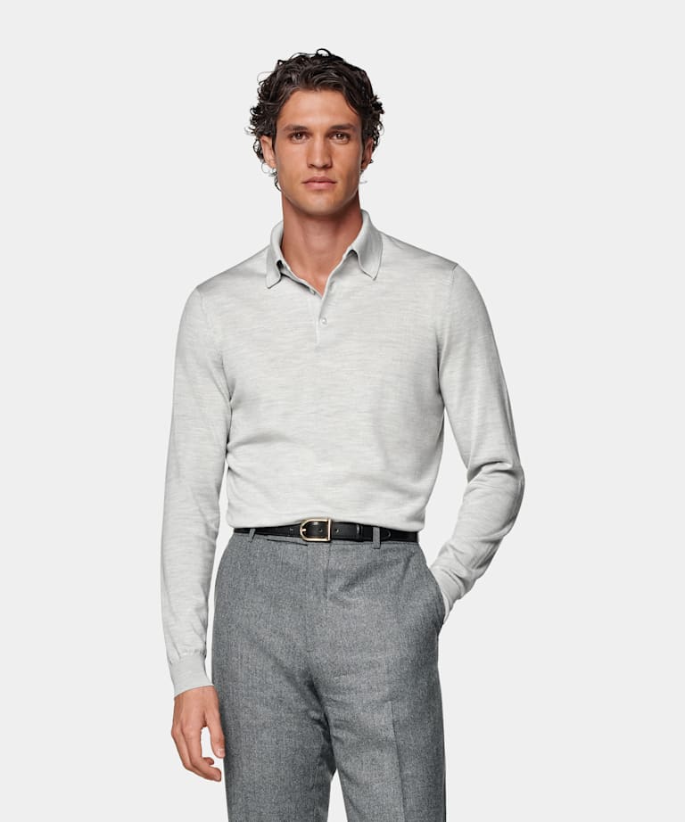 Light Grey Merino Long Sleeve Polo