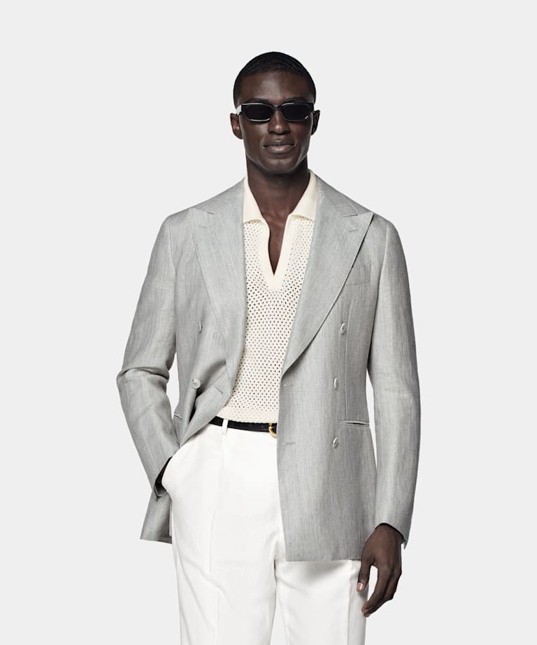 SUITSUPPLY Summer Linen Wool by Drago, Italy Light Grey Herringbone Tailored Fit Havana Blazer