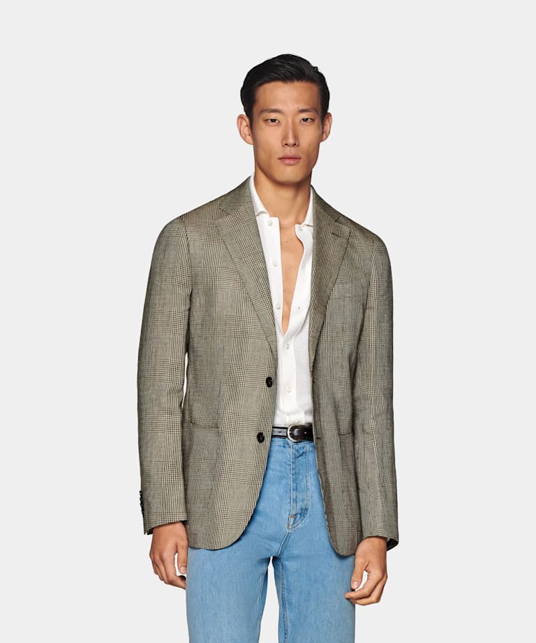 SUITSUPPLY Summer Pure Linen by Baird McNutt, United Kingdom Mid Brown Checked Tailored Fit Havana Blazer