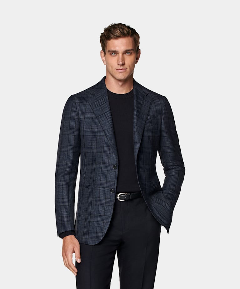 SUITSUPPLY All Season Wool Silk Linen by Drago, Italy Navy Checked Tailored Fit Havana Blazer