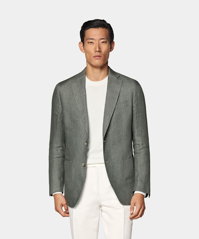 SUITSUPPLY Summer Pure Linen by Solbiati, Italy Mid Green Tailored Fit Havana Suit Jacket