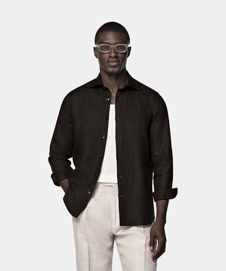 SUITSUPPLY Puro lino de Di Sondrio, Italia Camisa corte Slim marrón oscuro