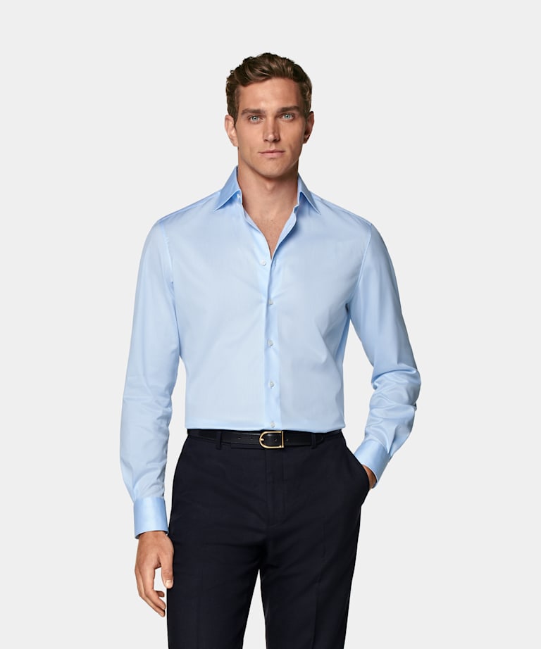 SUITSUPPLY Wrinkle-Free Pima Cotton by Weba, Switzerland Light Blue Twill Tailored Fit Shirt