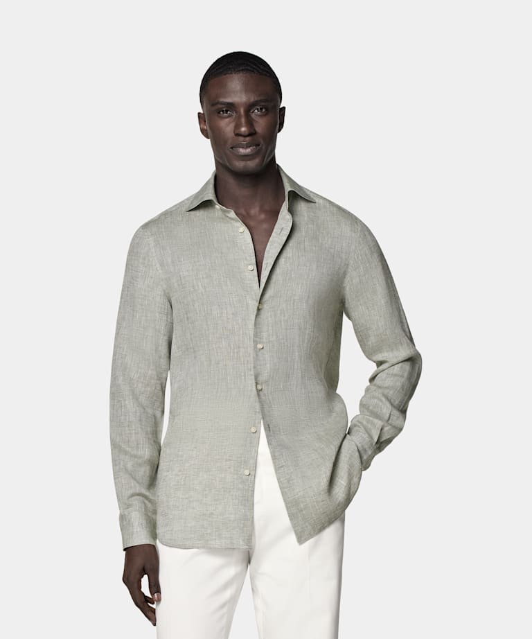 SUITSUPPLY 意大利 Albini 生产的亚麻面料 浅绿色合体身型衬衫