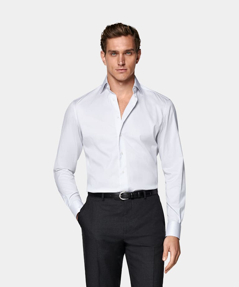 SUITSUPPLY 瑞士 Weba 生产的易护理比马棉面料 白色条纹斜纹合体身型衬衫