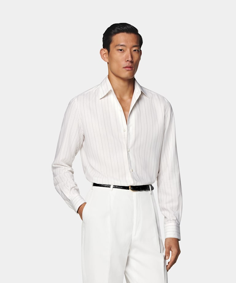SUITSUPPLY Pure Lyocell by Testa 1919 Srl, Italy Off-White Striped Tailored Fit Shirt