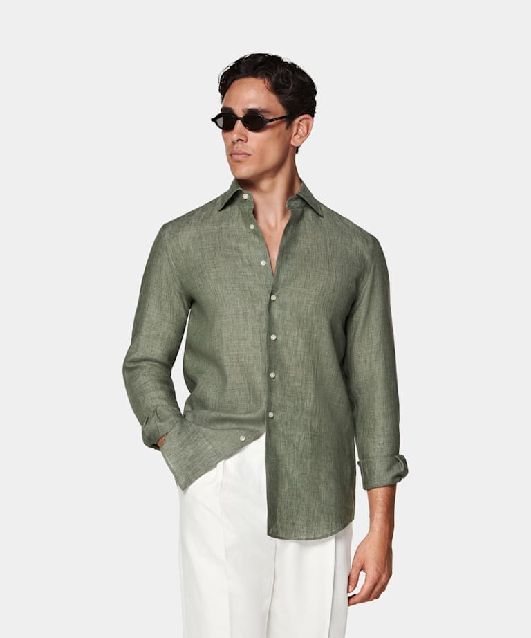 SUITSUPPLY Puro lino de Albini, Italia Camisa verde corte Relaxed