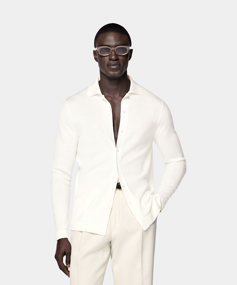 SUITSUPPLY 순수 울 오프화이트 메리노 긴팔 폴로 가디건
