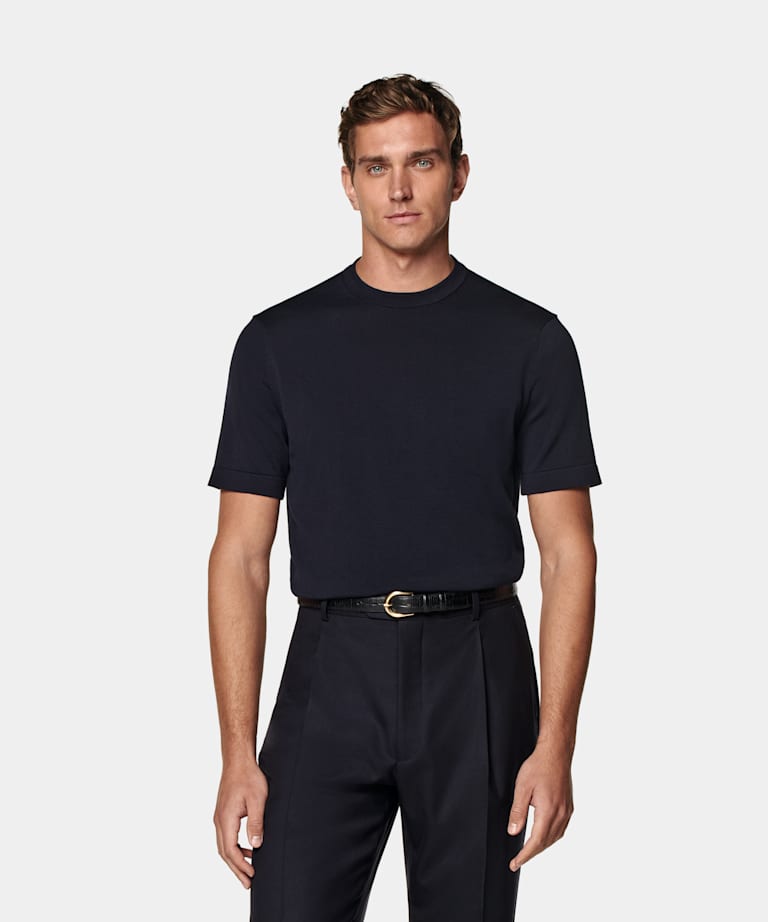 SUITSUPPLY Kalifornisk bomull och mulberrysilke Marinblå kortärmad crewneck