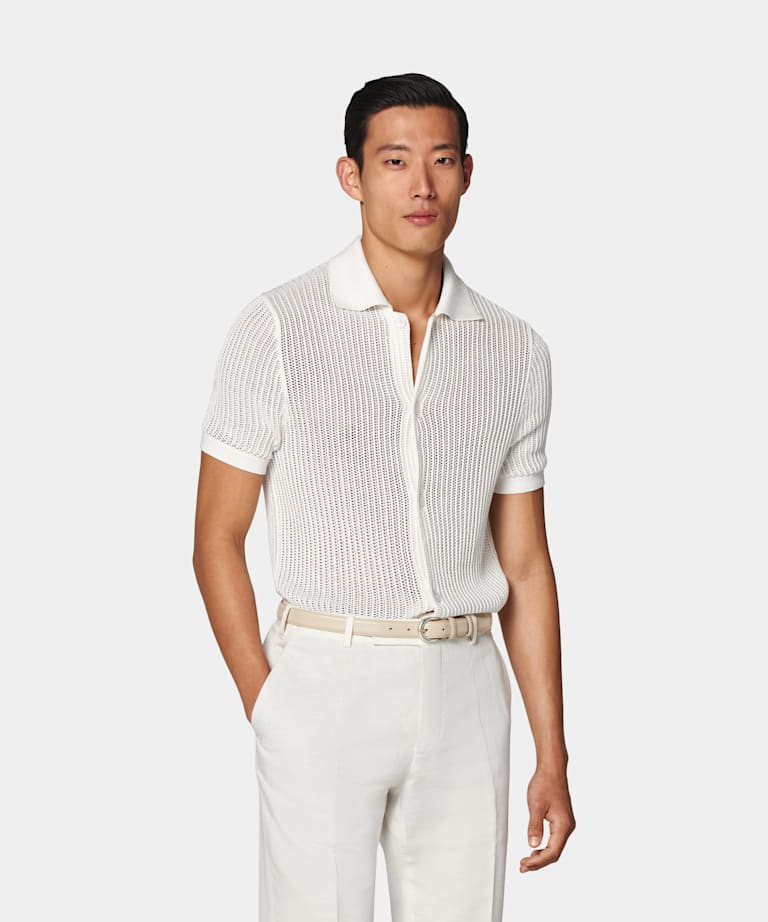SUITSUPPLY 캘리포니아 면 멀버리 실크 오프화이트 크로셰 폴로 가디건