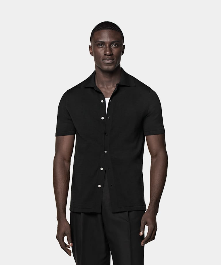SUITSUPPLY Californian Cotton & Mulberry Silk Black Polo Cardigan