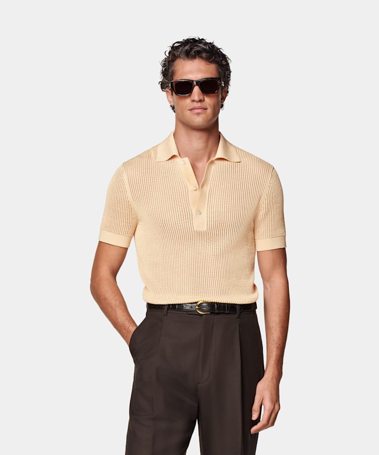 SUITSUPPLY Californian Cotton & Mulberry Silk Light Yellow Crochet Polo