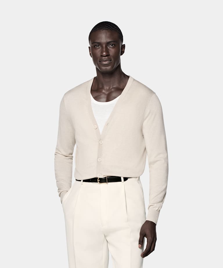 SUITSUPPLY Silk, Wool, Cashmere Sand V-Neck Cardigan