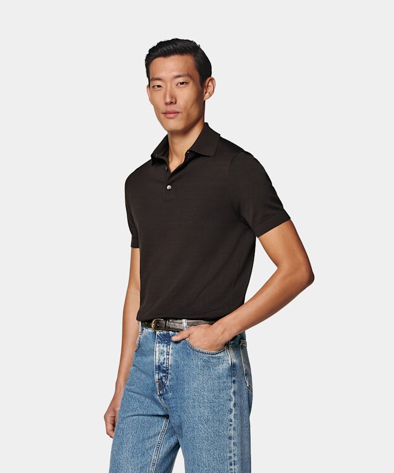 SUITSUPPLY Californian Cotton & Mulberry Silk Dark Brown Polo