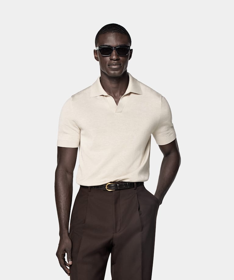 SUITSUPPLY Kalifornische Baumwolle und Maulbeerseide Poloshirt sand knopffrei