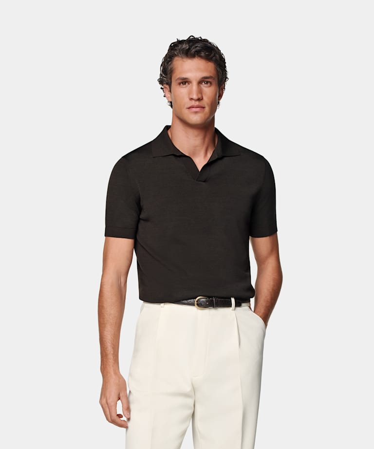 SUITSUPPLY Coton californien et soie de mûrier Polo sans boutons marron foncé