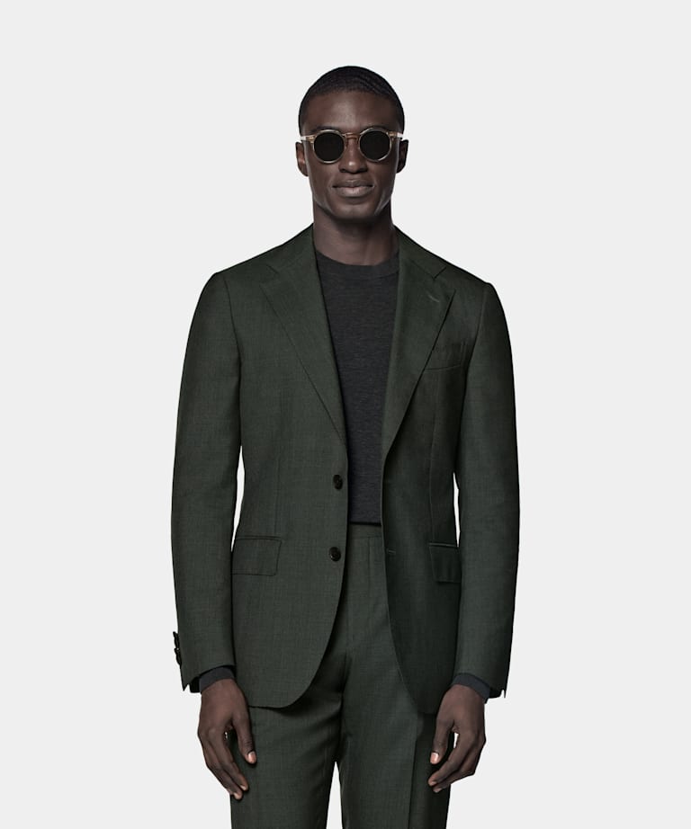 SUITSUPPLY All Season Pure Tropical Wool by Vitale Barberis Canonico, Italy Dark Green Perennial Tailored Fit Havana Suit