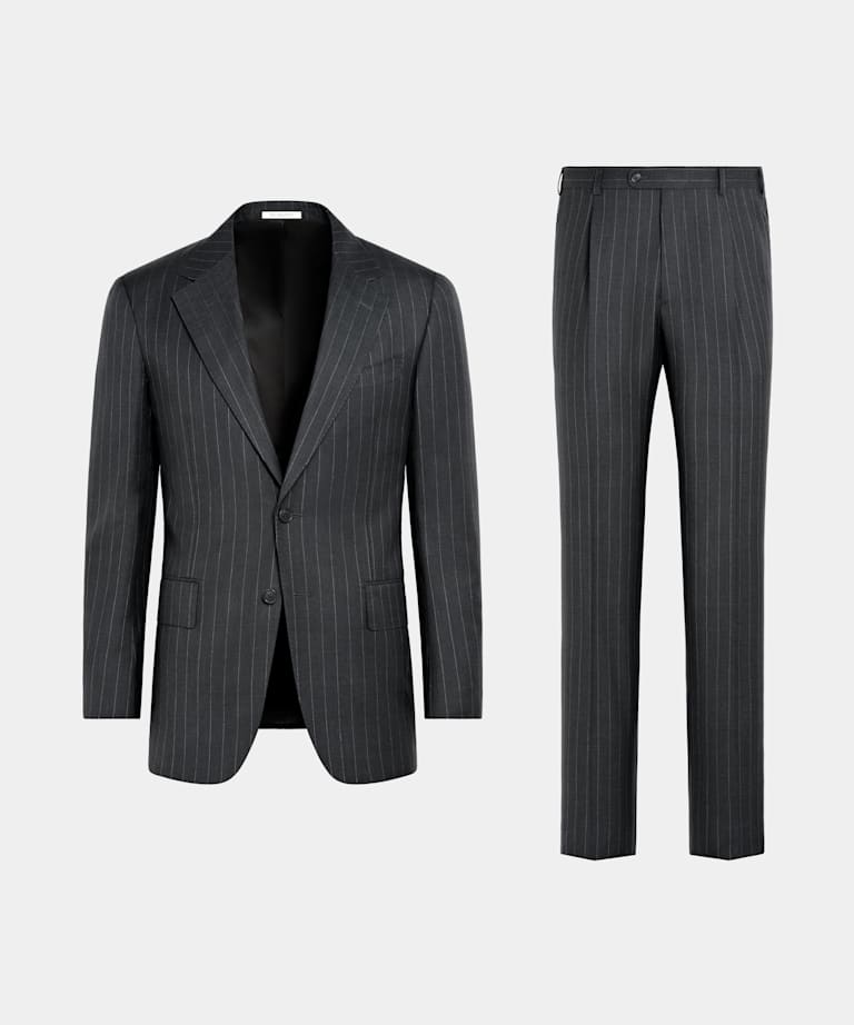 Dark Grey Striped Tailored Fit Milano Suit
