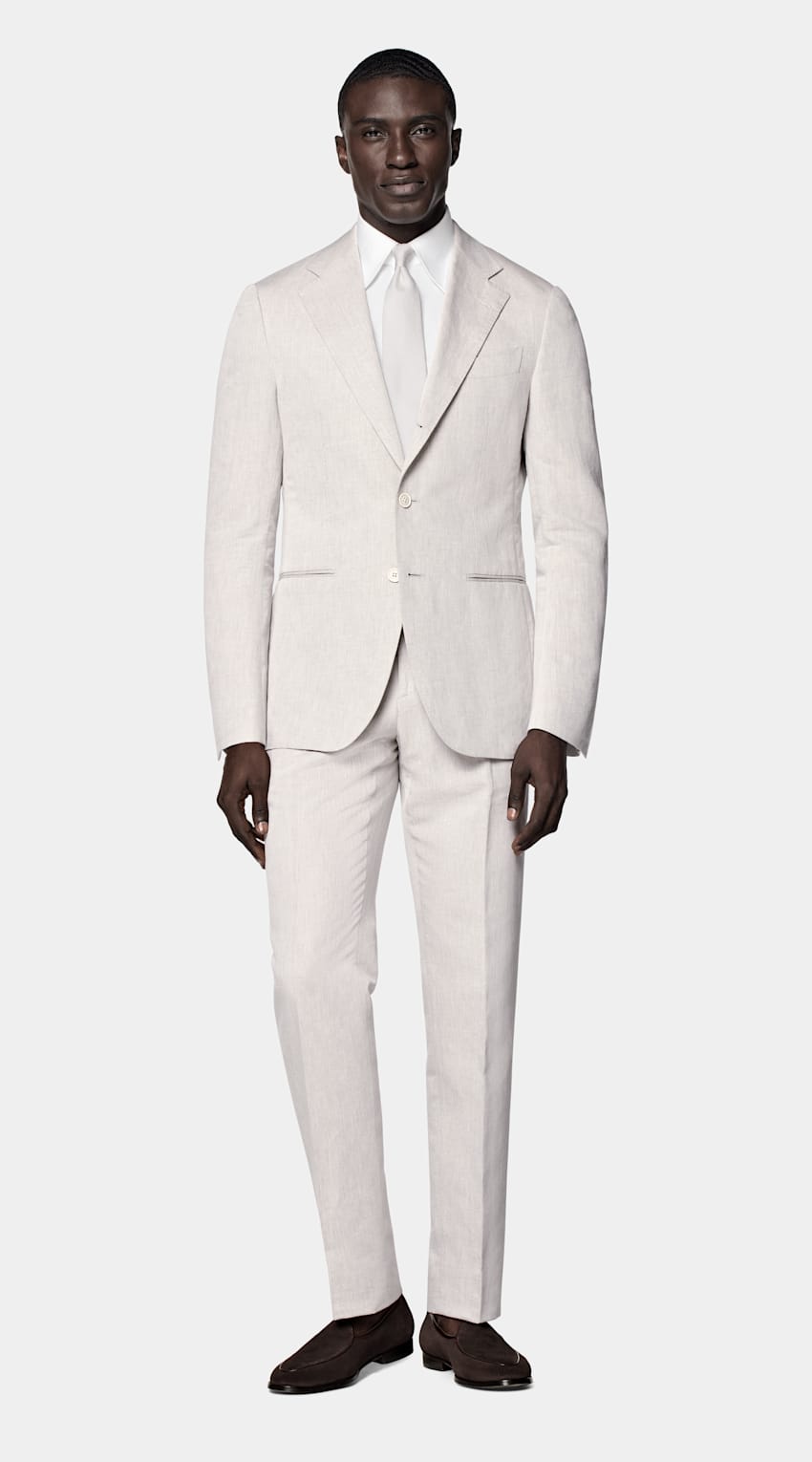 SUITSUPPLY Summer Linen Cotton by Di Sondrio, Italy Light Taupe Tailored Fit Havana Suit