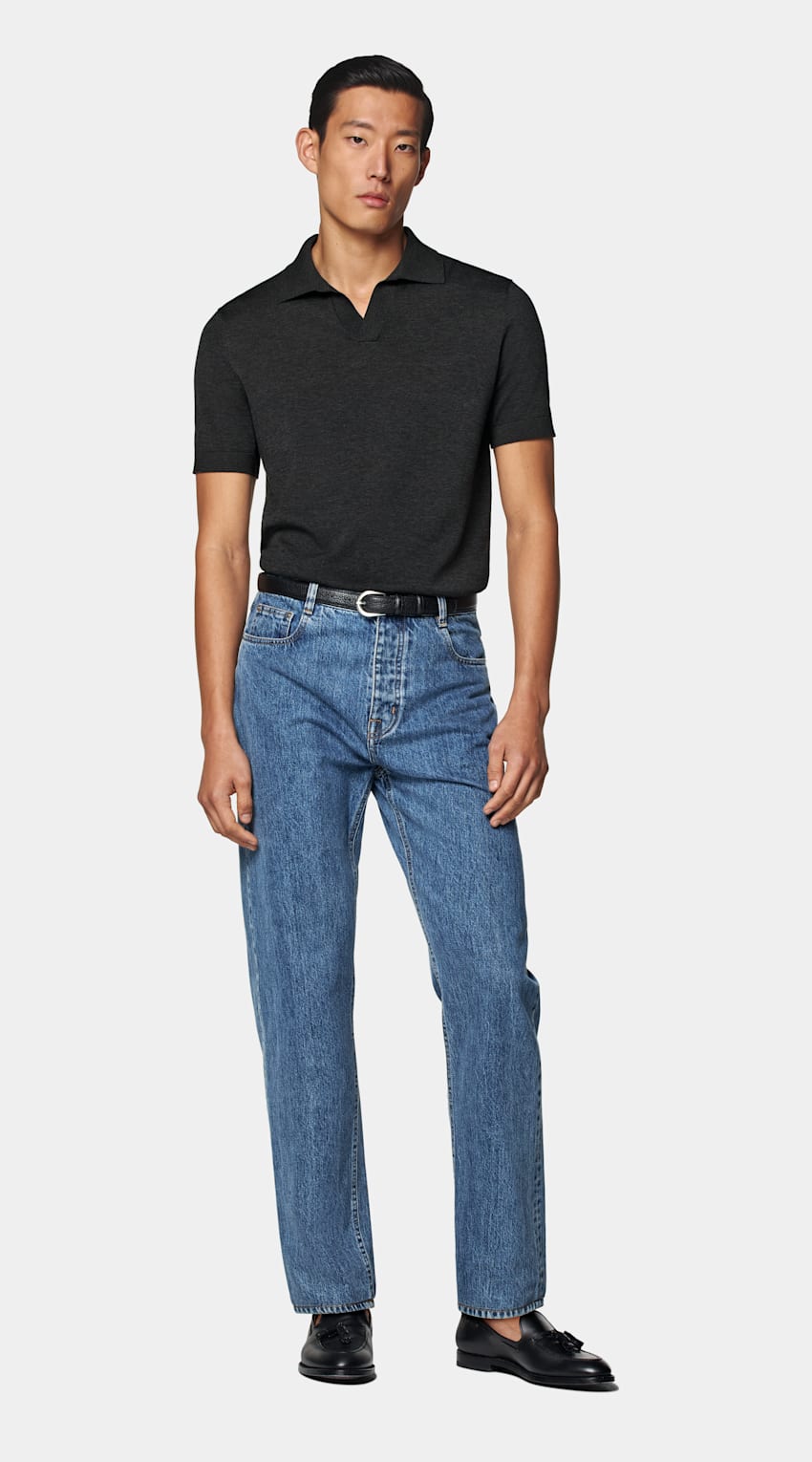 SUITSUPPLY Kalifornische Baumwolle und Maulbeerseide Poloshirt dunkelgrau knopffrei