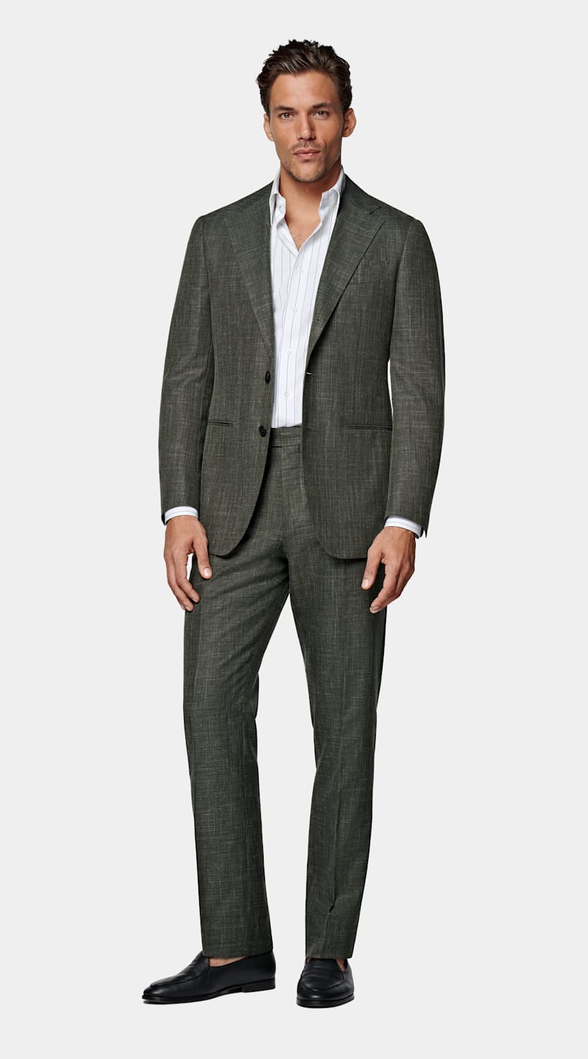 SUITSUPPLY Summer Wool Silk Linen by E.Thomas, Italy Dark Green Tailored Fit Havana Suit
