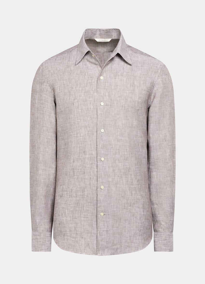 SUITSUPPLY Pur lin - Albini, Italie Chemise coupe Tailored marron à rayures