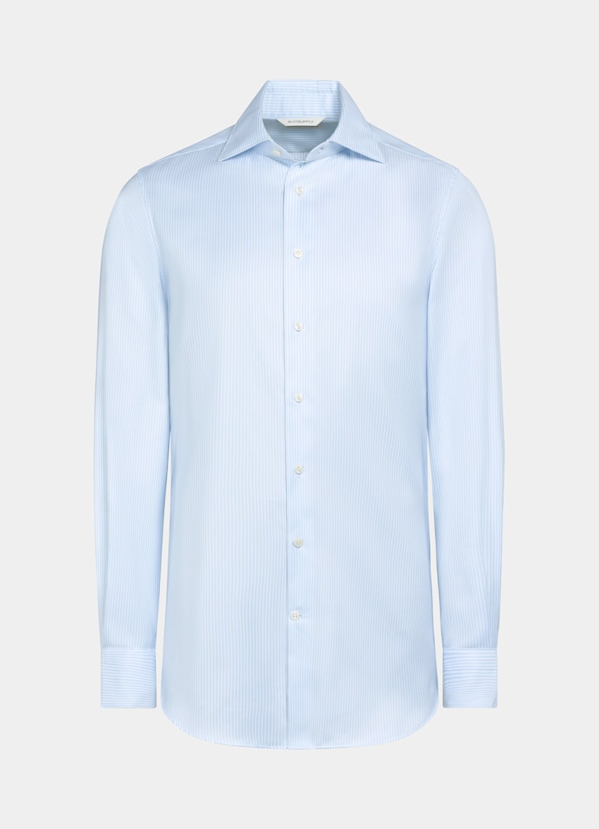 SUITSUPPLY Wrinkle-Free Pima Cotton by Weba, Switzerland Light Blue Striped Oxford Extra Slim Fit Shirt