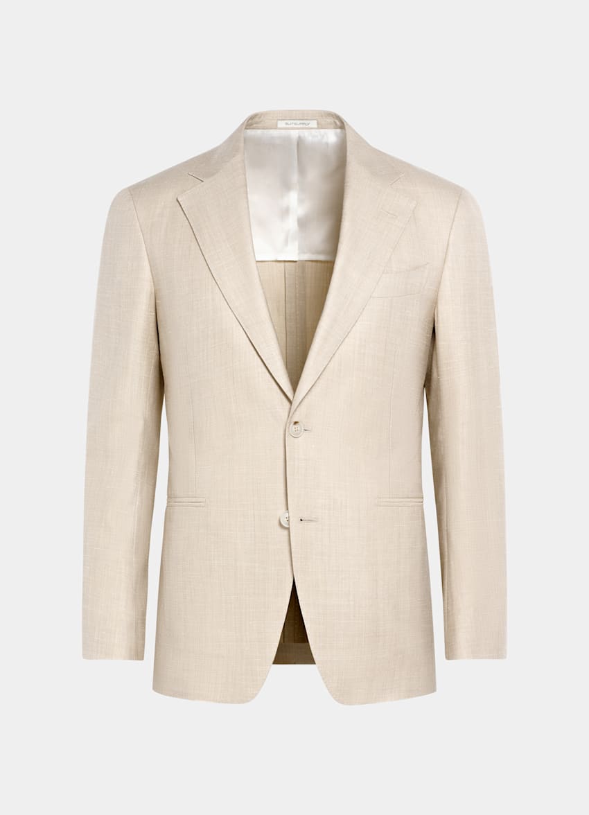 SUITSUPPLY Summer Wool Silk Linen by Rogna, Italy Sand Herringbone Tailored Fit Havana Suit