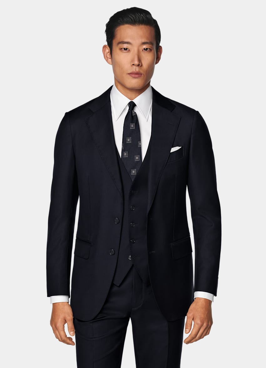 SUITSUPPLY All Season Pura lana S110s de Vitale Barberis Canonico, Italia Traje Havana tres piezas azul marino corte Tailored