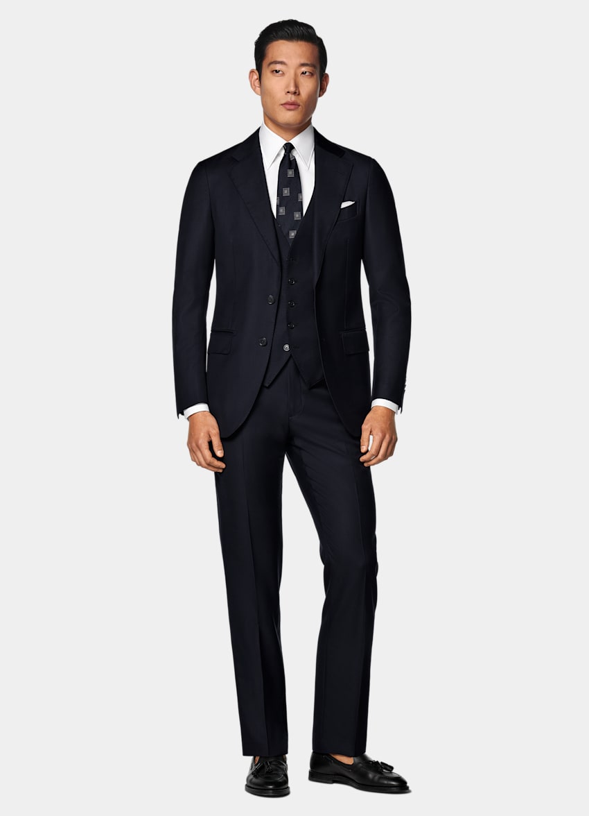 SUITSUPPLY All Season Pura lana S110s de Vitale Barberis Canonico, Italia Traje Havana tres piezas azul marino corte Tailored