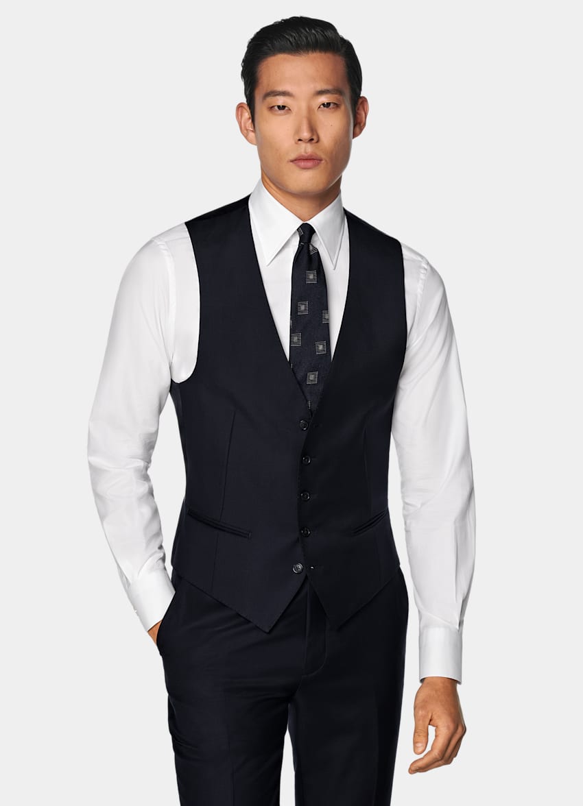 SUITSUPPLY All Season Pura lana S110s de Vitale Barberis Canonico, Italia Traje Havana tres piezas azul marino corte Tailored