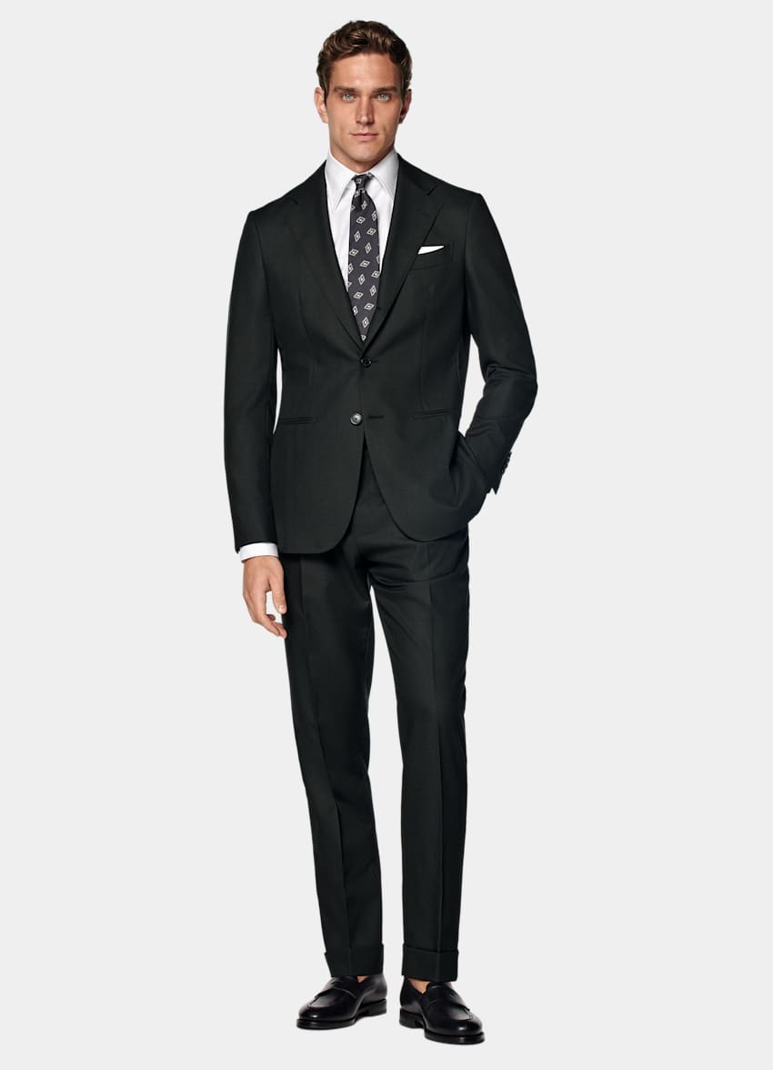SUITSUPPLY All Season Wrinkle-Free 4-Ply Wool by Rogna, Italy Dark Green Tailored Fit Havana Suit