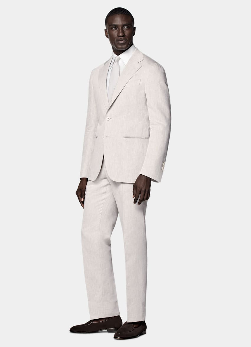 SUITSUPPLY Summer Linen Cotton by Di Sondrio, Italy Light Taupe Tailored Fit Havana Suit