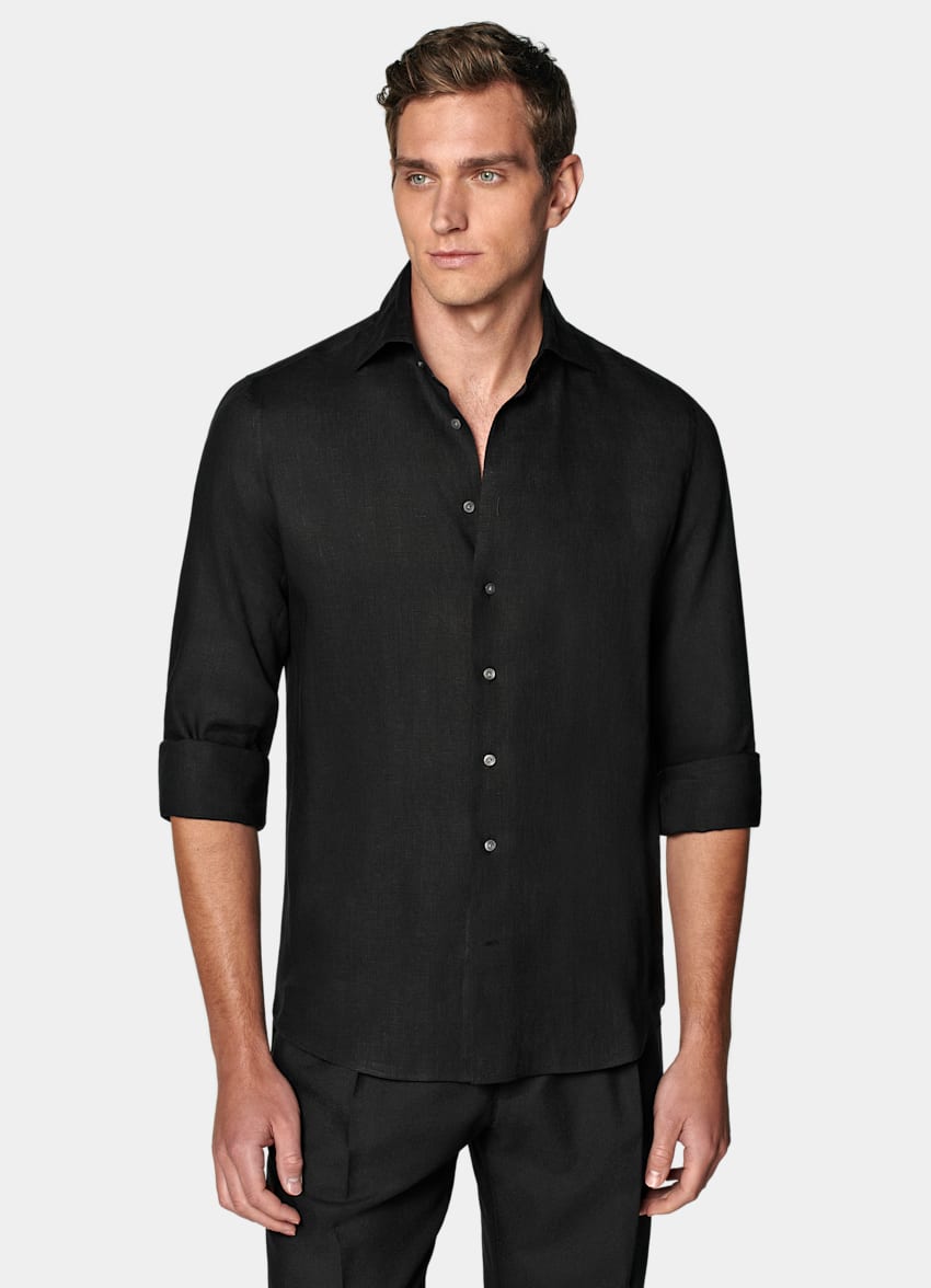 SUITSUPPLY Pure Linen by Albini, Italy Black Slim Fit Shirt