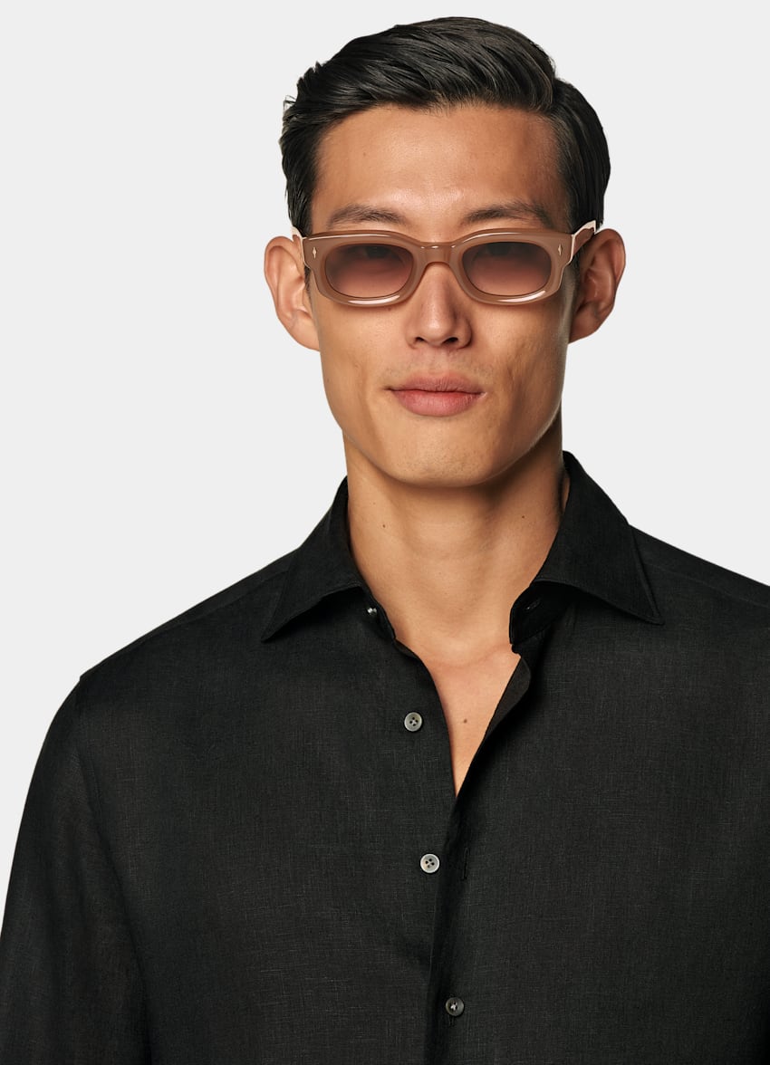 SUITSUPPLY Pure Linen by Albini, Italy Black Tailored Fit Shirt