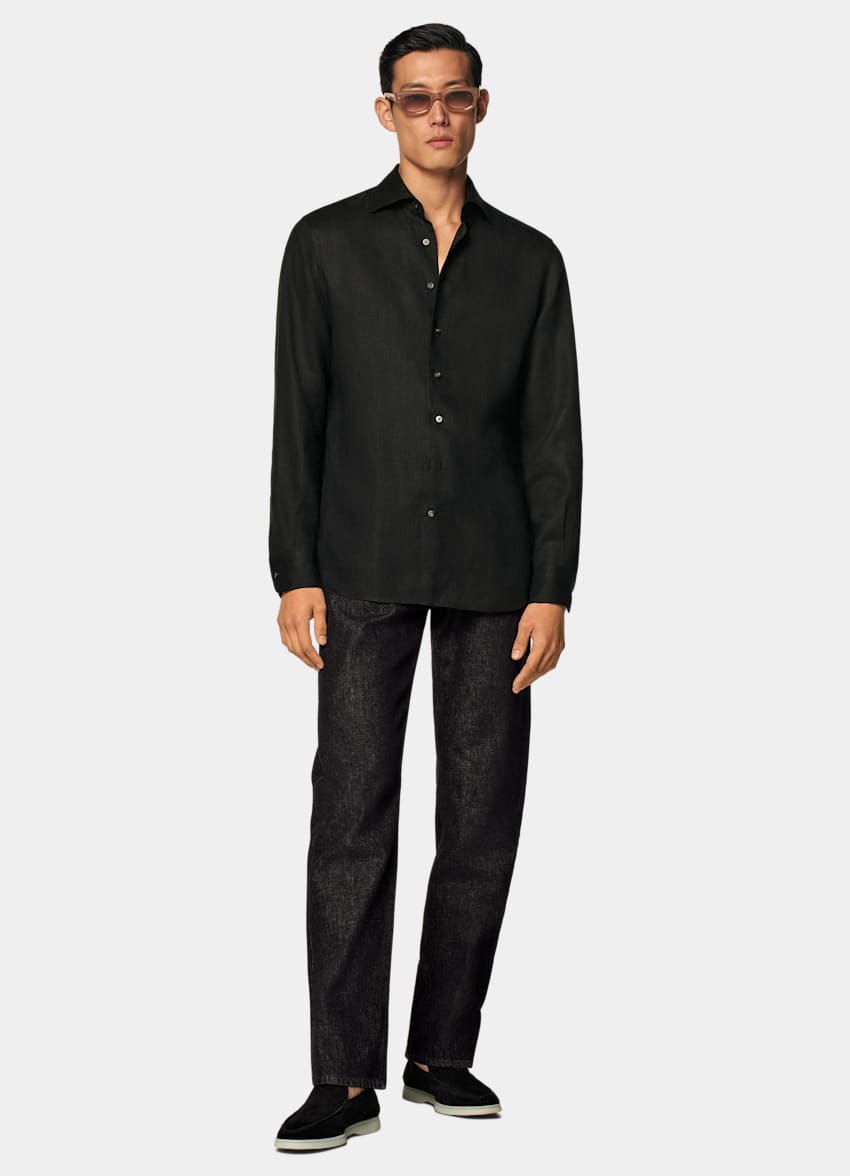 SUITSUPPLY Pure Linen by Albini, Italy Black Tailored Fit Shirt