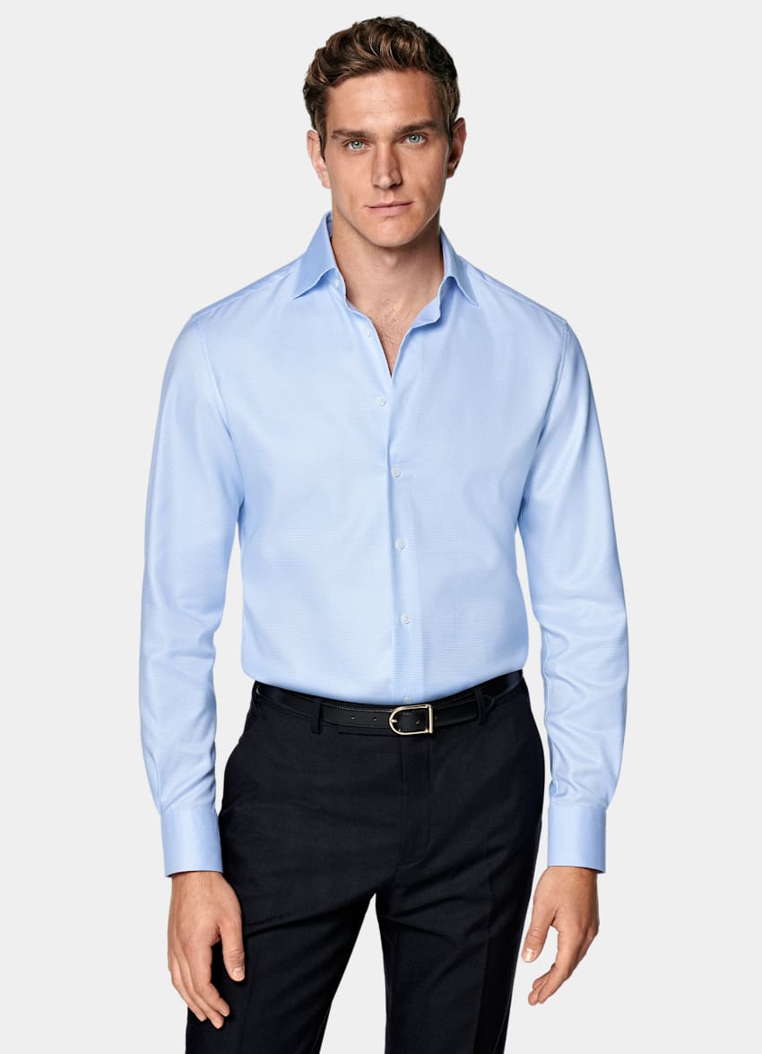 SUITSUPPLY Algodón Pima sin arrugas de Weba, Suiza Camisa azul claro pata de gallo corte Tailored