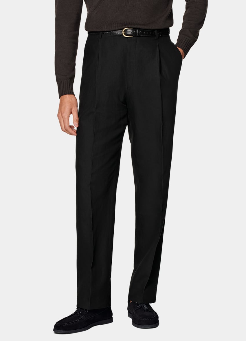 SUITSUPPLY Summer Lyocell Linen Cotton by Di Sondrio, Italy Black Wide Leg Straight Trousers