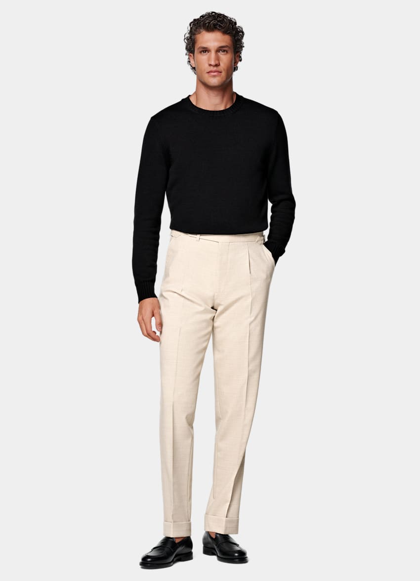 SUITSUPPLY All Season Lana de 4 cabos sin arrugas de Rogna, Italia Pantalones de traje arena Slim Leg Tapered