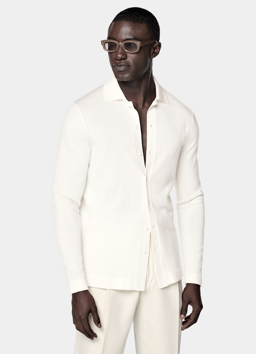 SUITSUPPLY Pure Wool Off-White Merino Long Sleeve Polo Cardigan