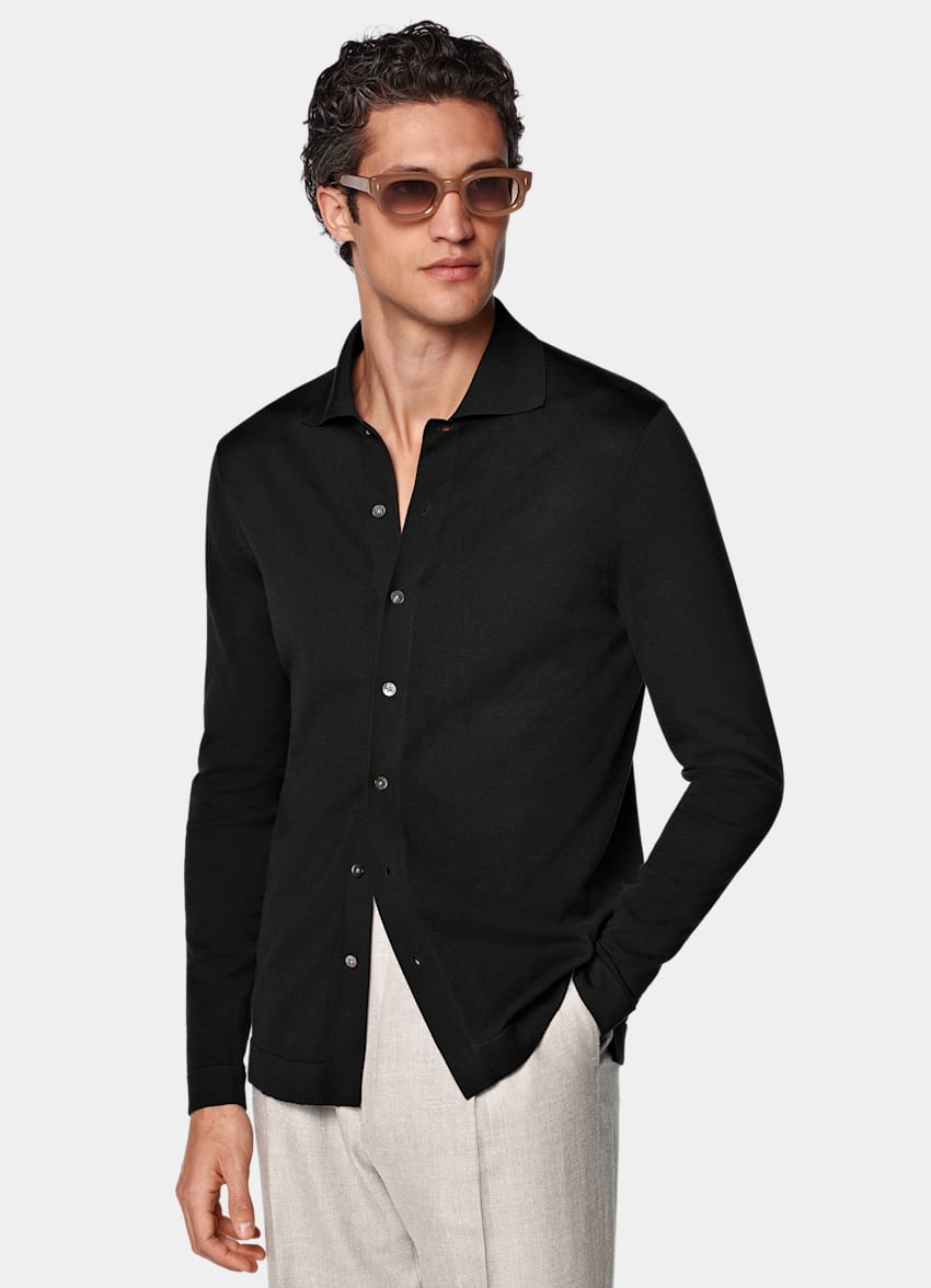 SUITSUPPLY Bawełna kalifornijska i jedwab morwowy Kardigan polo z długimi rękawami czarny