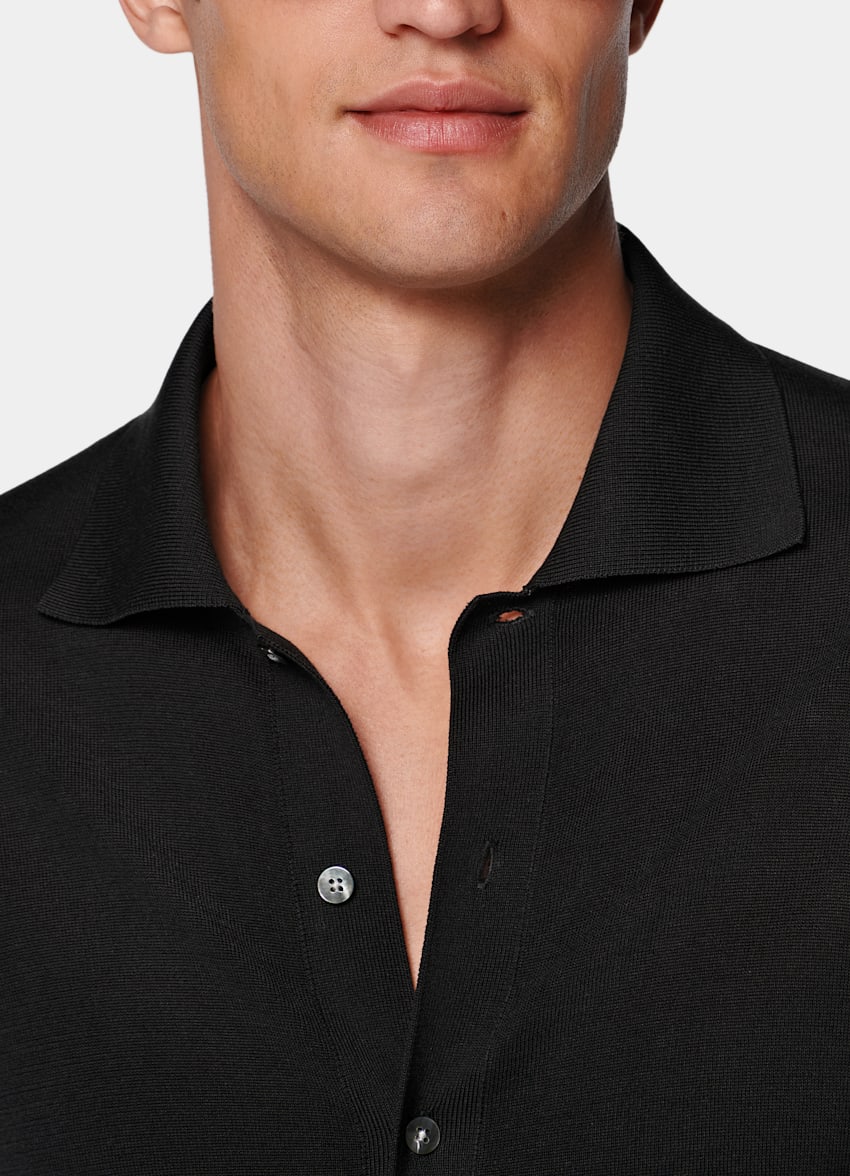SUITSUPPLY Bawełna kalifornijska i jedwab morwowy Kardigan polo z długimi rękawami czarny