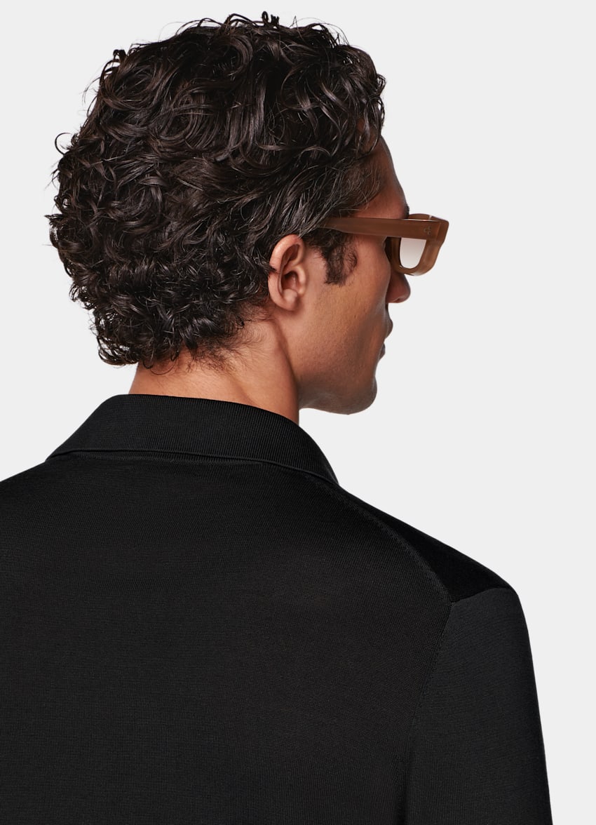 SUITSUPPLY Bawełna kalifornijska i jedwab morwowy Kardigan polo z długimi rękawami czarny