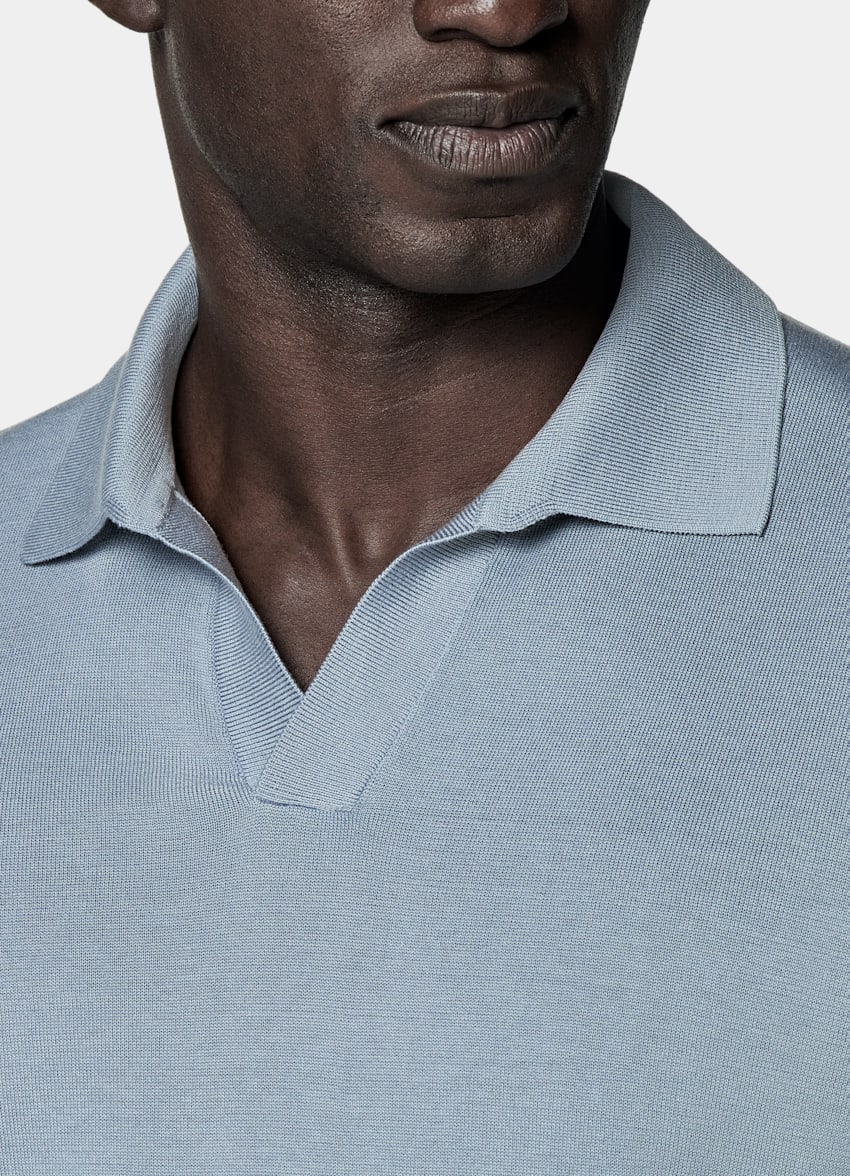 SUITSUPPLY Californian Cotton & Mulberry Silk Light Blue Buttonless Polo