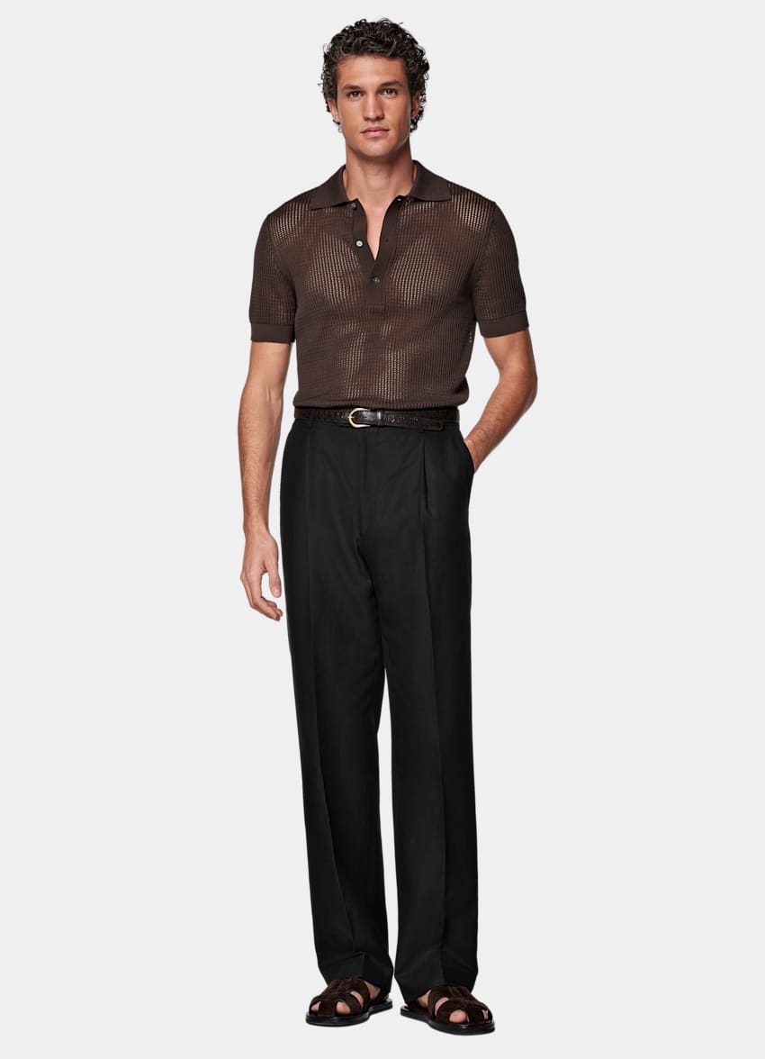 SUITSUPPLY Californian Cotton & Mulberry Silk Mid Brown Crochet Polo