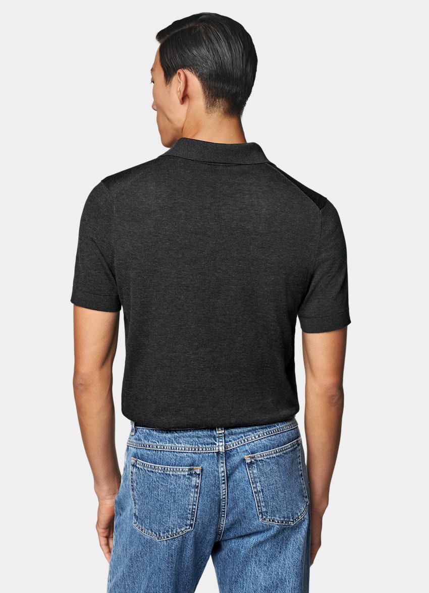 SUITSUPPLY Kalifornische Baumwolle und Maulbeerseide Poloshirt dunkelgrau knopffrei