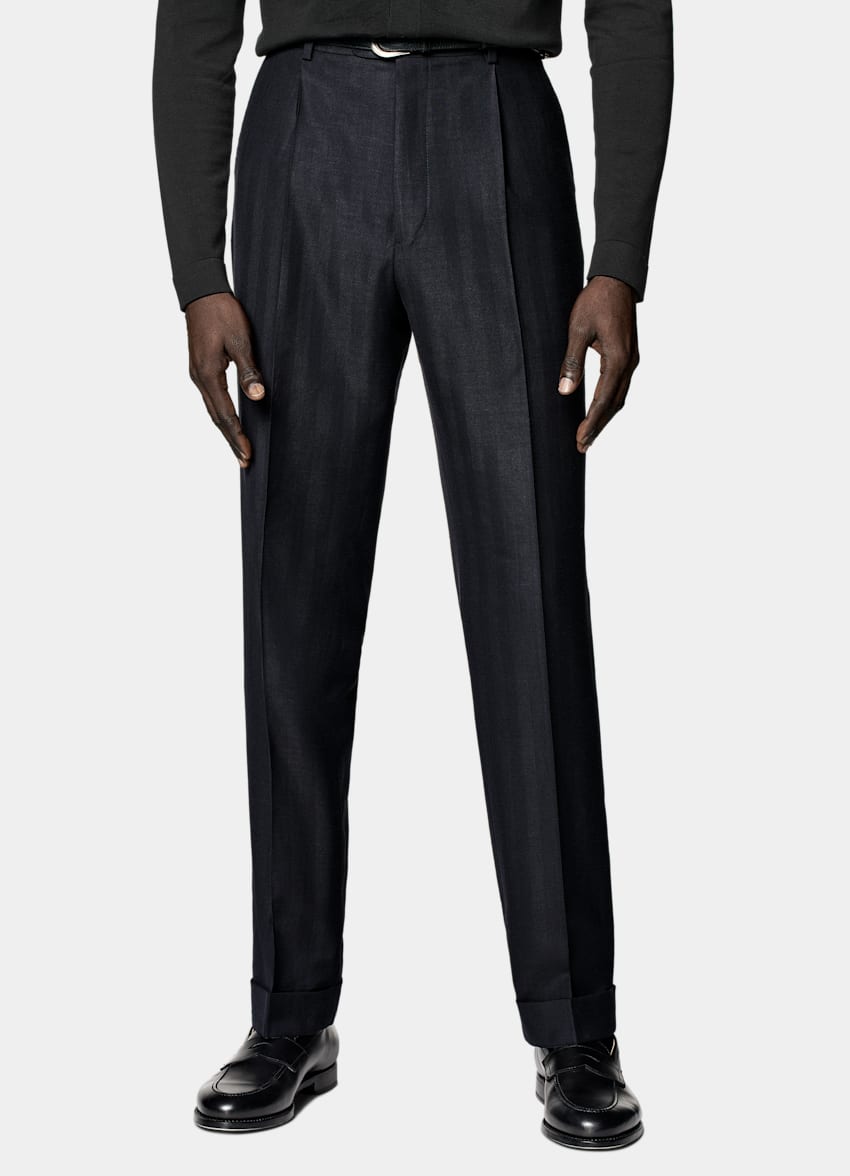 SUITSUPPLY Summer Wool Silk Linen by Rogna, Italy Navy Herringbone Tailored Fit Havana Suit