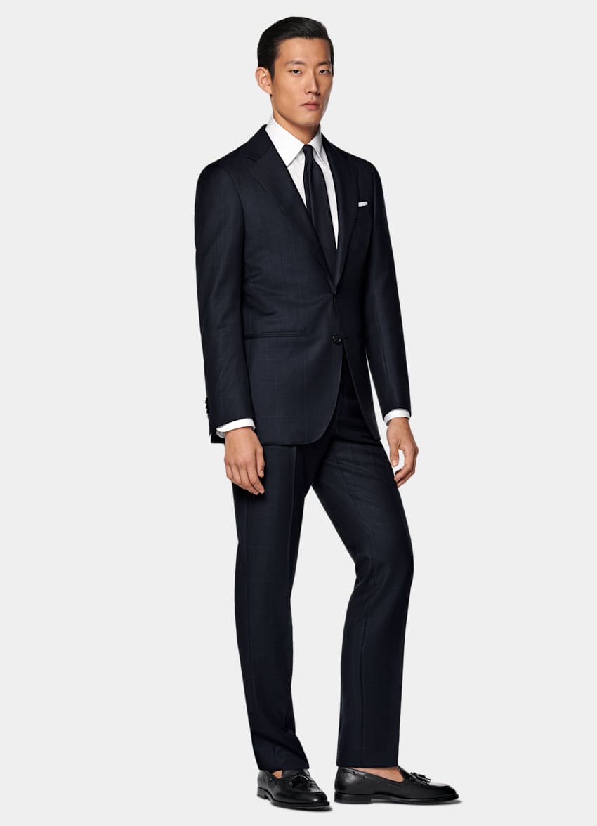 SUITSUPPLY All season Laine sans repassage par Lanificio Ermenegildo Zegna, Italie Costume Havana coupe Tailored bleu marine à carreaux