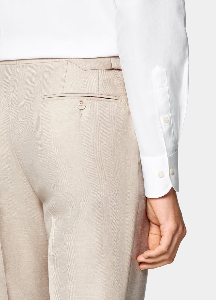 SUITSUPPLY Summer Wool Silk Linen by Rogna, Italy Sand Herringbone Tailored Fit Havana Suit