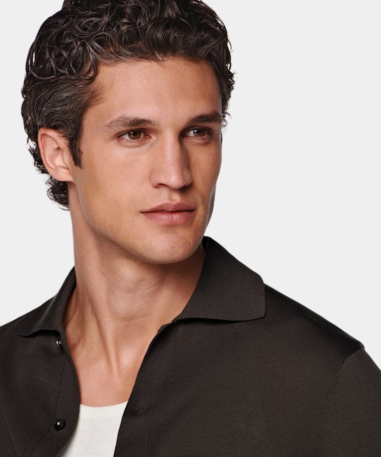 Dark Brown Long Sleeve Polo Cardigan